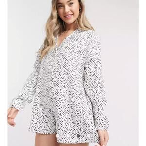 Zulu & Zephyr Beach Linen Long Sleeve Dotted Tunic Romper White Black Women's 10